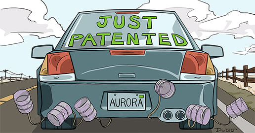Car with Just Patented on rear windshield