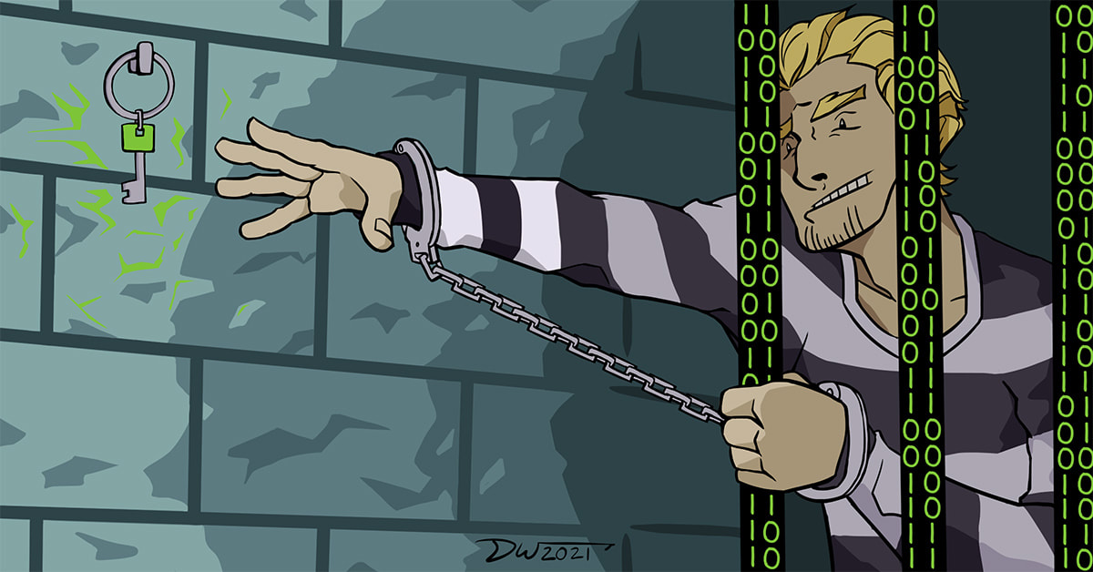 Man reaching through digital prison bars for key to unlock software patents